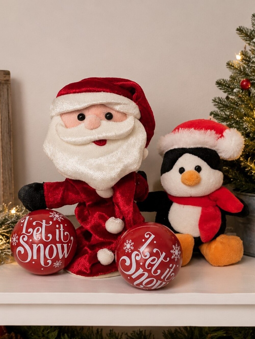 Christmas Plush Decor Set Santa Penguin Let It Snow Balls Holiday Winter Cute